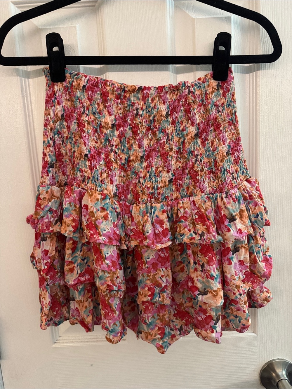 FANCO Fuchsia Floral Print Smocked Waist Ruffle Mini Skirt Size Small